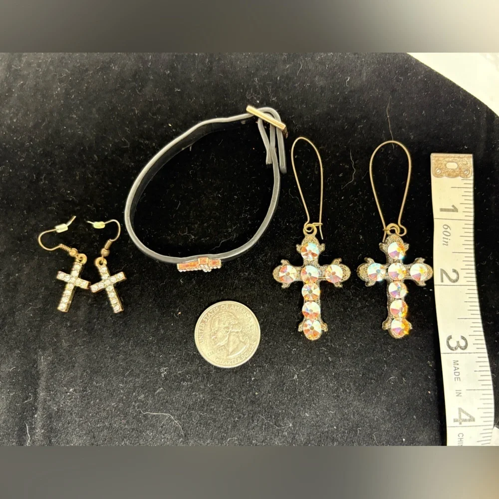 Gold Tone and Rhinestone Cross Earrings and Bracelet Set